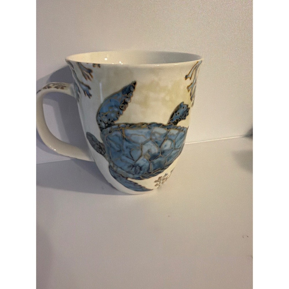 Cape Shore Fripp Island Sea Turtle Coffee Mug Blue Gold Ceramic Souvenir 1946